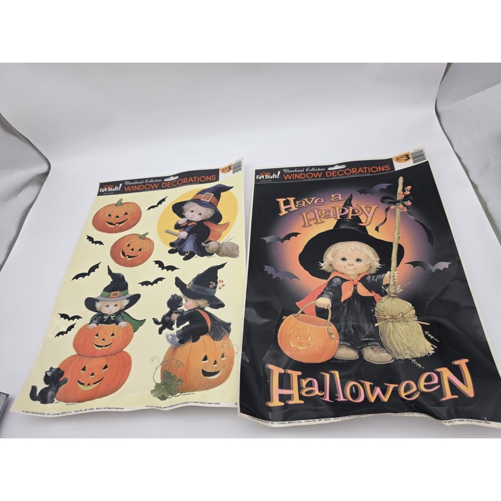Lot Of 2 Nos Clings  Vtg Resuable HALLOWEEN WINDOW CLING ~ Black CAT Girl WITCH